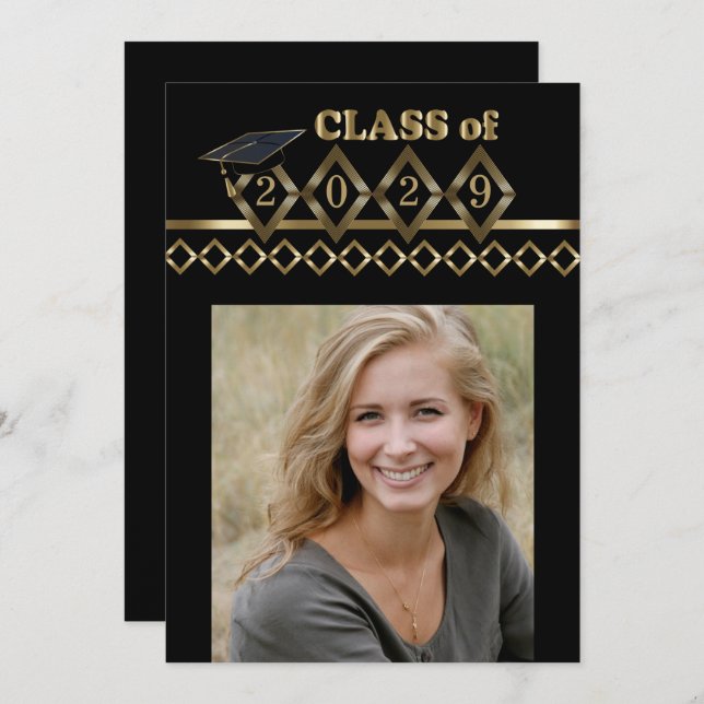 Classy Black and Gold Photo Graduation Invitation (Front/Back)