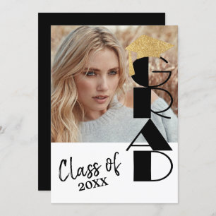 Classy Black and Gold Photo Graduation Invitation