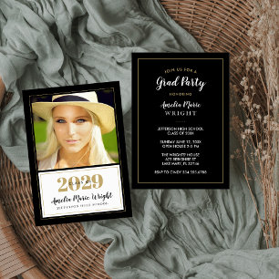 Classy Black and Gold Photo Graduation Party Invitation