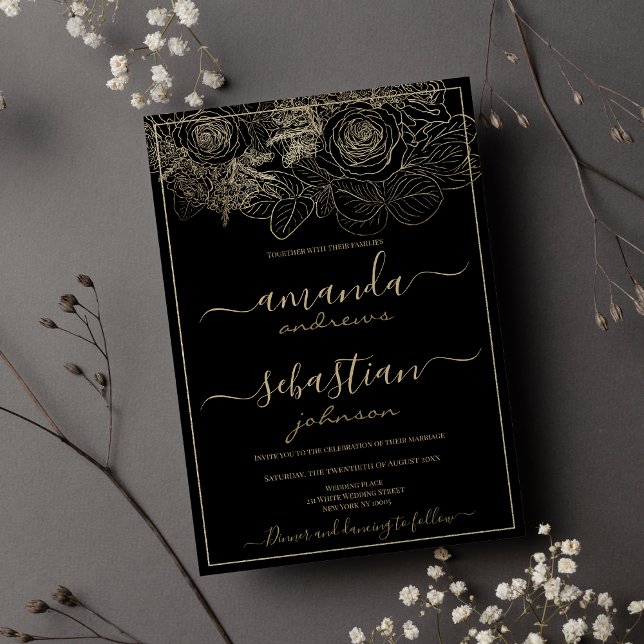 Classy black and gold roses floral wedding invitation (Classy black and gold roses floral wedding invitation)