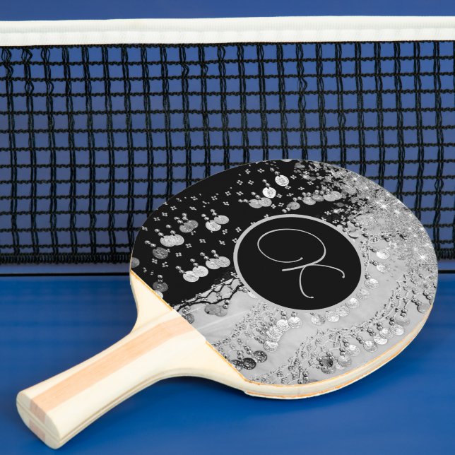 Classy Black and Silver Gypsy Scarf Monogram Ping Pong Paddle (Insitu)
