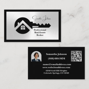 Classy Black and Silver QR Code Photo Real Estate Business Card