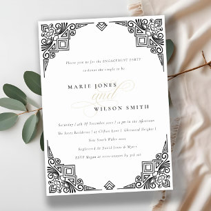 Classy Black and White Art Deco Ornate Engagement Invitation