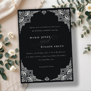 Classy Black and White Art Deco Ornate Wedding Invitation