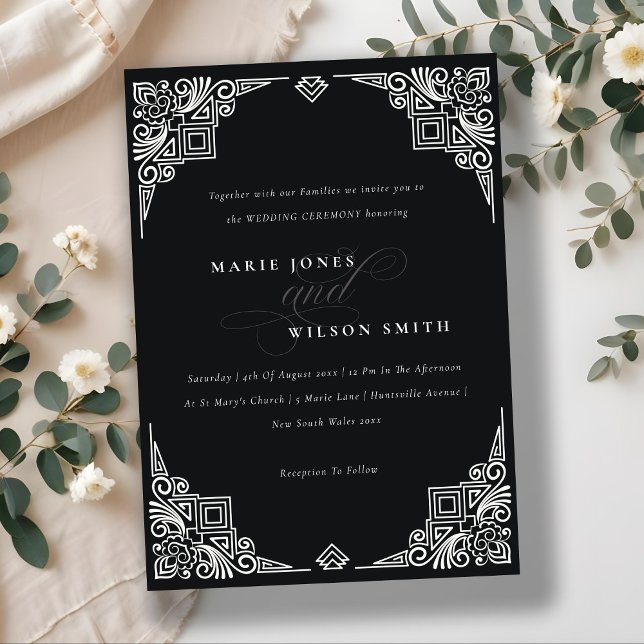 Classy Black and White Art Deco Ornate Wedding Invitation (Creator Uploaded)