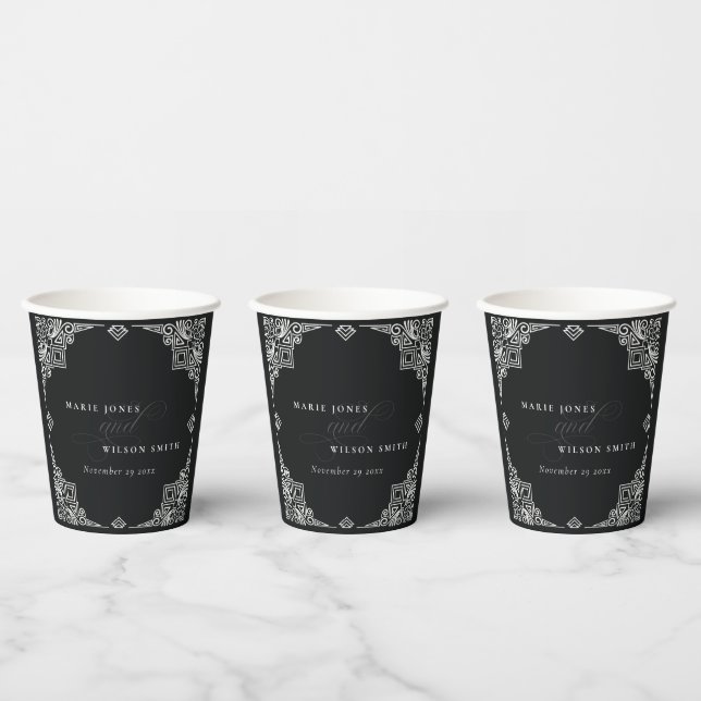 Classy Black and White Art Deco Ornate Wedding Paper Cups (Multi)