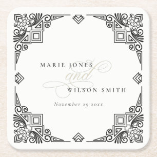 Classy Black and White Art Deco Ornate Wedding Square Paper Coaster