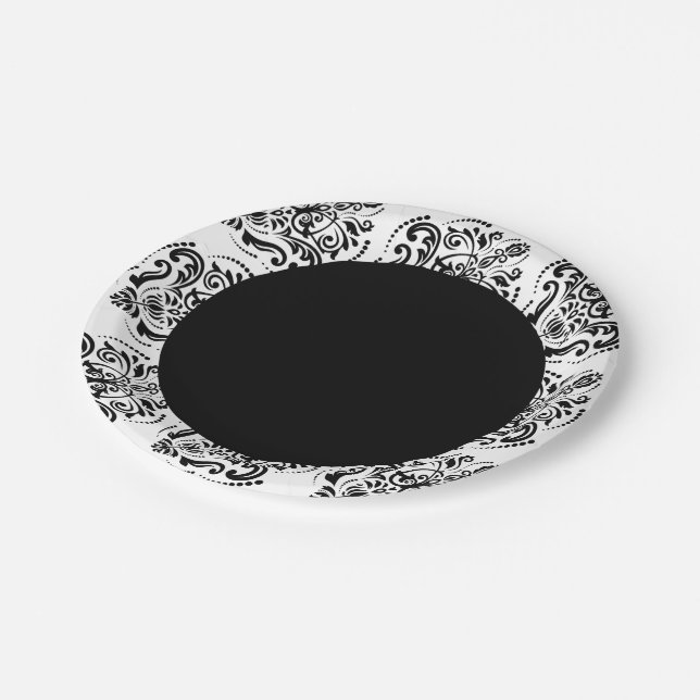 Classy Black And White Damask Paper Plate (Angled)