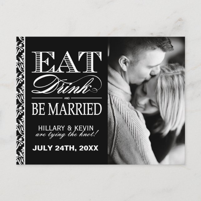 Classy Black and White Damask Save the Date Announcement Postcard (Front)