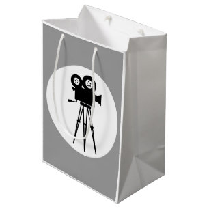 CLASSY BLACK AND WHITE MOVIE CAMERA WITH TRIPOD MEDIUM GIFT BAG