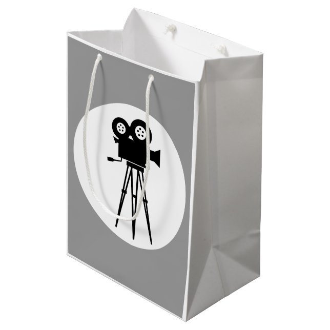 CLASSY BLACK AND WHITE MOVIE CAMERA WITH TRIPOD MEDIUM GIFT BAG (Front Angled)