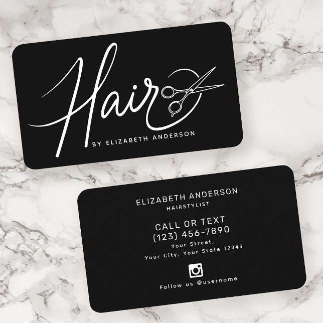 Classy Black and White Script Hairstylist  Business Card (Creator Uploaded)