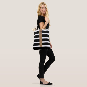 Classy Black and White Stripe Monogram Tote Bag