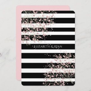 Classy, Black and White Stripes, Cherry Blossom Invitation