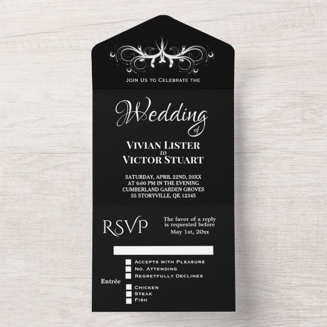 Classy Black and White Tri Fold Rsvp Wedding  All  All In One Invitation (Inside)