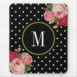 Classy Black Antique Floral Polka Dots Monogram Mouse Mat