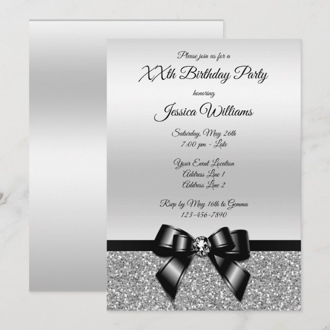 Classy Black Bow & Silver Glitter Birthday Invitation (Front/Back)