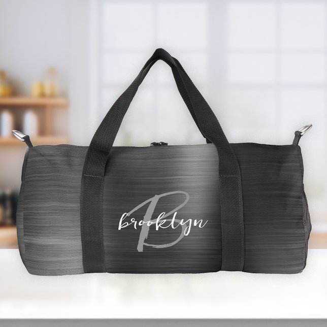 Classy Black Brushed Metal Grey White Monogram  Duffle Bag (Creator Uploaded)