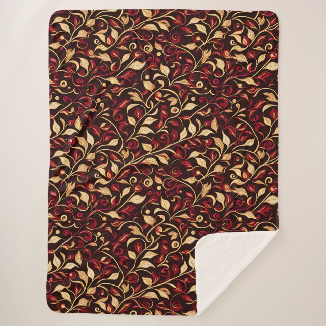 Classy Black, Burgundy and Gold Christmas Foliage Sherpa Blanket (Front)