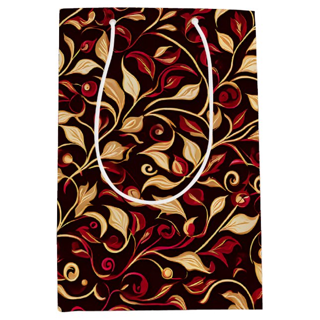 Classy Black, Burgundy and Gold Christmas Vines Medium Gift Bag (Front)