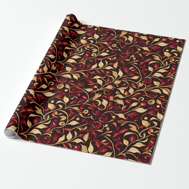 Classy Black, Burgundy and Gold Christmas Vines Wrapping Paper (Unrolled)