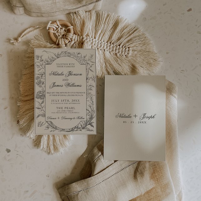 Classy Black Cream Floral Boho Botanical Wedding Invitation (Creator Uploaded)