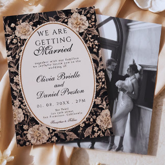 Classy Black Cream Floral Lace Pearl Photo Wedding Invitation