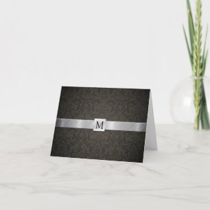 Classy Black Damask and Metallic Silver Thank You Card