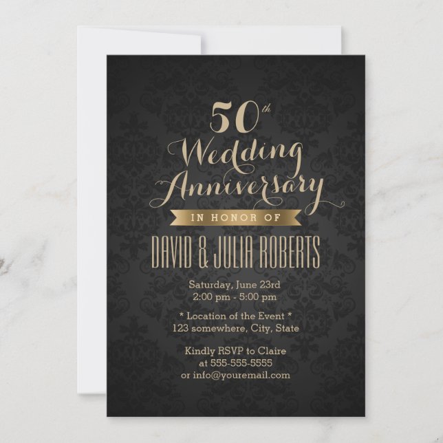 Classy Black & Gold 50th Wedding Anniversary Invitation (Front)