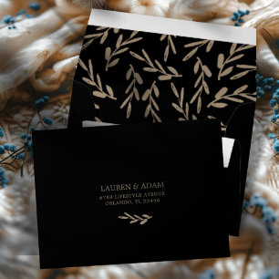 Classy Black & Gold Botanical Wedding RSVP  Envelope