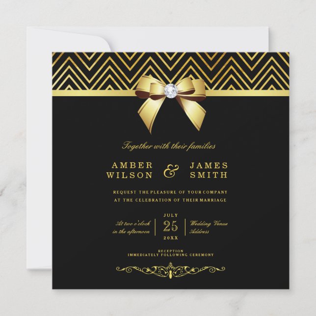 Classy Black Gold Chevrons Diamond Bow Wedding Invitation (Front)