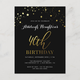 Classy Black & Gold Confetti 40th Birthday Invitation Postcard