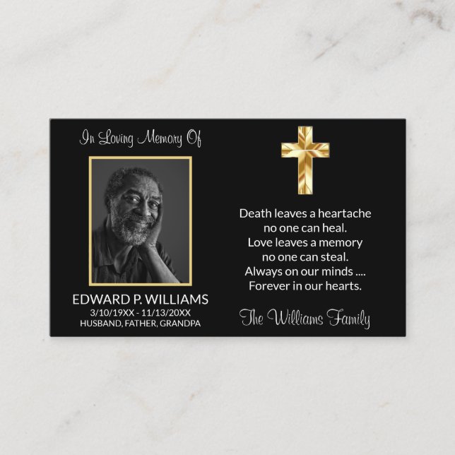 Classy Black Gold Cross Memorial Photo Prayer Card (Front)