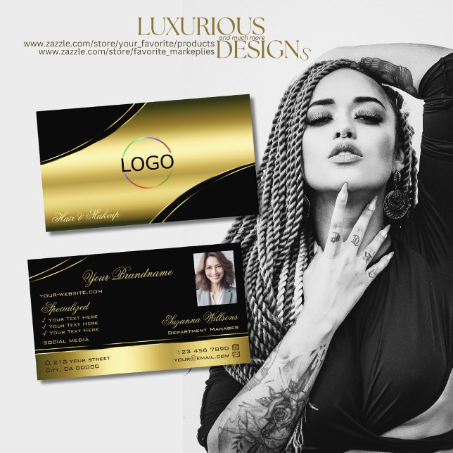 Classy Black Gold Curved Decor Lines Logo Photo Business Card (Creator Uploaded)