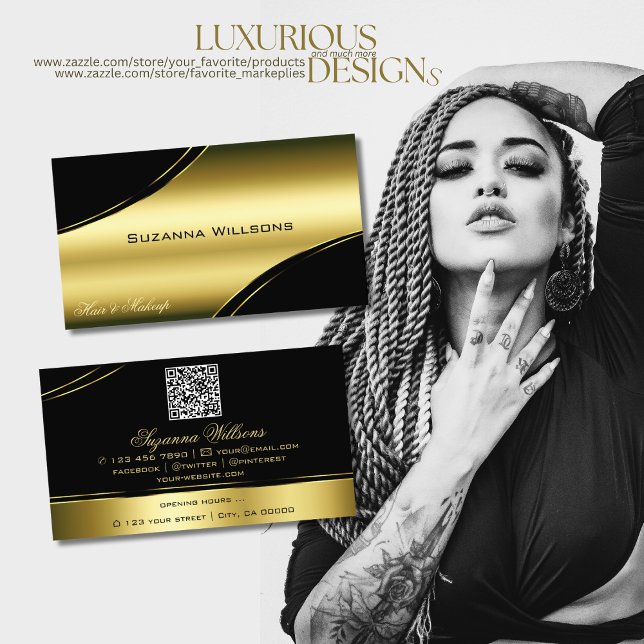 Classy Black Gold Curved Decor Lines with QR Code Business Card (Creator Uploaded)