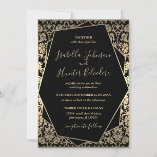 Classy Black & Gold Damask Metallic Frame Invitation