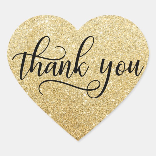 Classy Black Gold Faux Glitter Script Thank You Heart Sticker (Front)