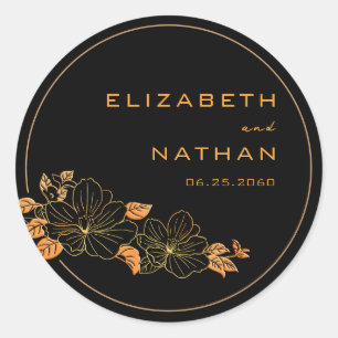 Classy Black & Gold Floral Foliage Wedding Classic Round Sticker