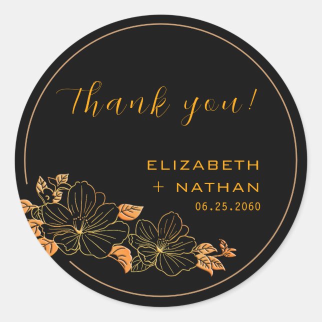 Classy Black Gold Floral Wedding Thank You Classic Round Sticker (Front)