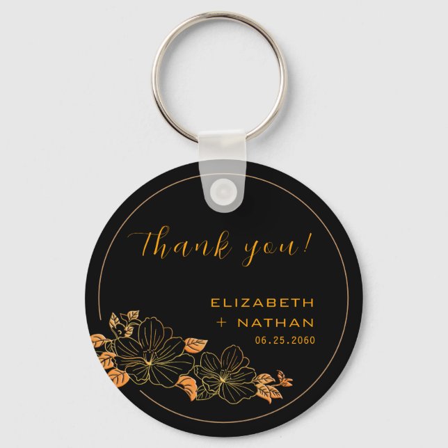 Classy Black Gold Floral Wedding Thank You Key Ring (Front)
