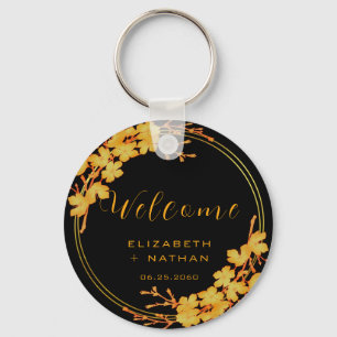 Classy Black & Gold Floral Wedding Welcome Key Ring