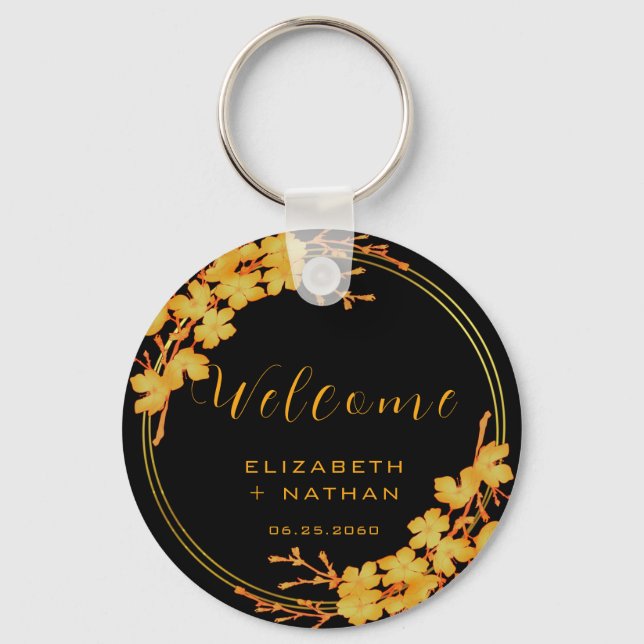 Classy Black & Gold Floral Wedding Welcome Key Ring (Front)