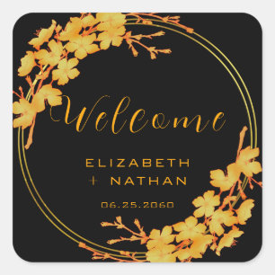 Classy Black & Gold Floral Wedding Welcome Square Sticker