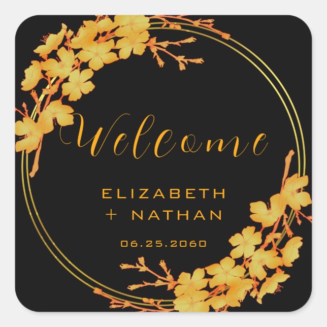 Classy Black & Gold Floral Wedding Welcome Square Sticker (Front)