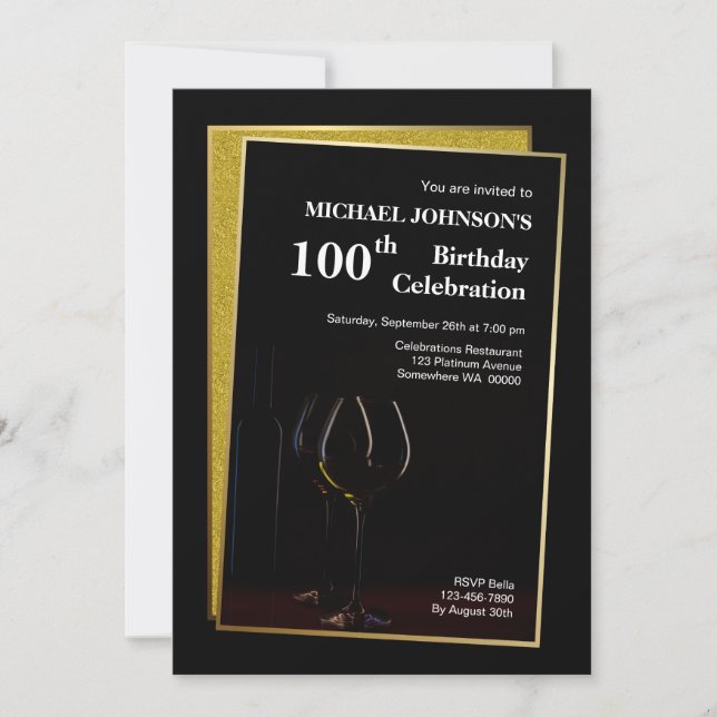 Classy Black Gold Glitter 100th Birthday Invitation (Front)