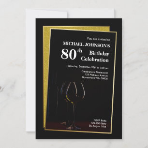 Classy Black Gold Glitter 80th Birthday Invitation