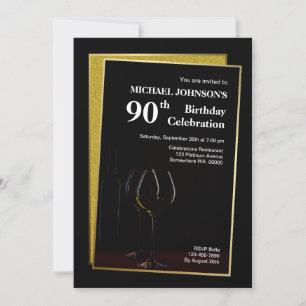 Classy Black Gold Glitter 90th Birthday Invitation