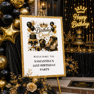 Classy Black Gold Glitter Birthday Queen Welcome Poster