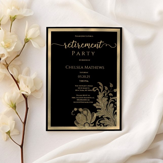 Classy black gold glitter floral Retirement Party Invitation (Classy black gold glitter floral Retirement Party)