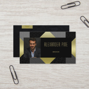 Classy Black Gold Gray Geometric Real Estate Photo Business Card